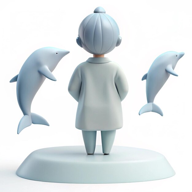 PSD a man standing next to dolphins on a pedestal