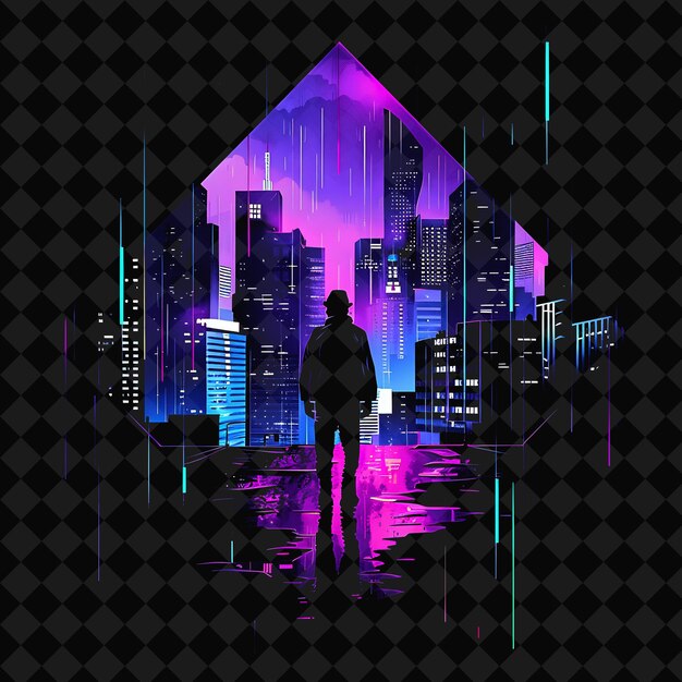 PSD a man stands in front of a cityscape with a purple cityscape in the background