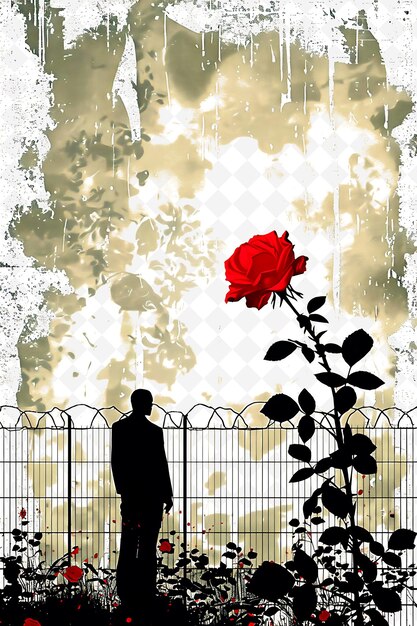 a man stands in front of a fence with a rose and a man in front of it