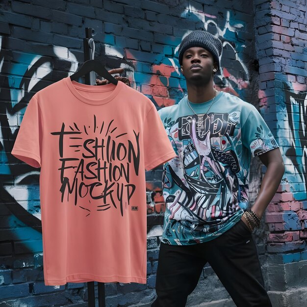 a man stands in front of a graffiti wall with a tshirt for mockup