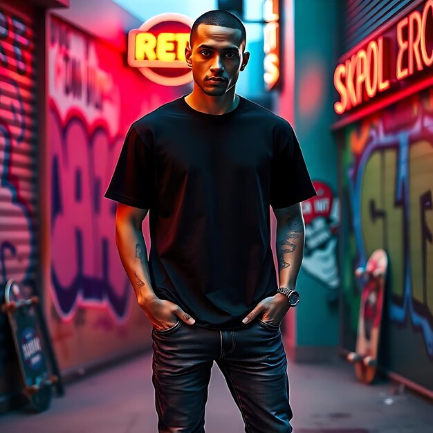 a man stands in front of a neon sign that says red light