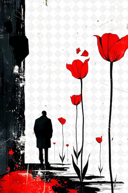 PSD a man stands in front of a poster that says quot the red flowers quot