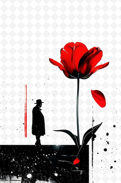 a man stands in front of a red flower and a man in a hat