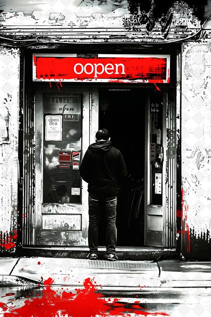 PSD a man stands in front of a store that says open