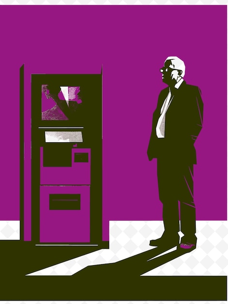 PSD a man stands in front of a vending machine that has a purple background