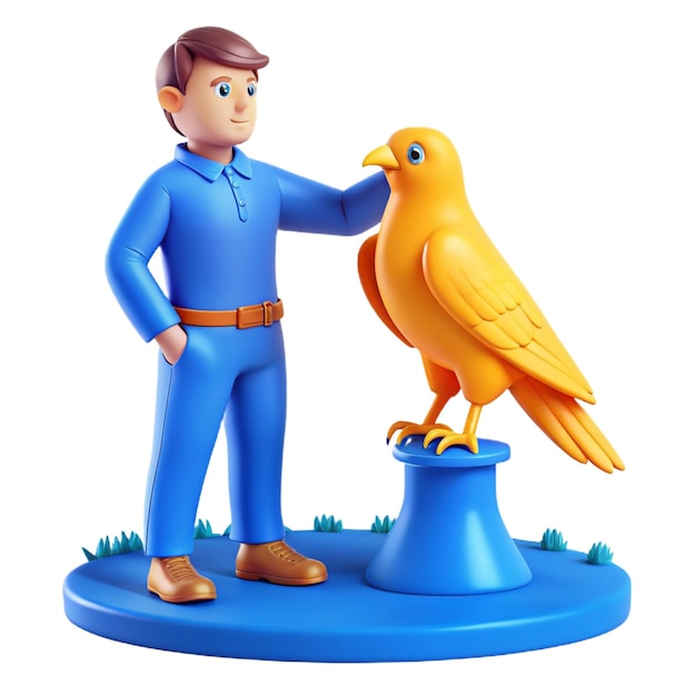 PSD a man stands next to a yellow bird and a blue plastic bird