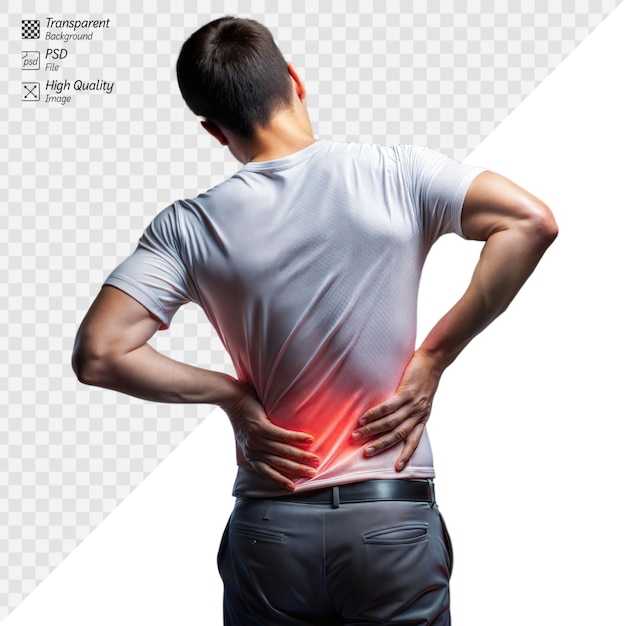 Man suffering from back pain holding his lower back with highlighted pain area on transparent background