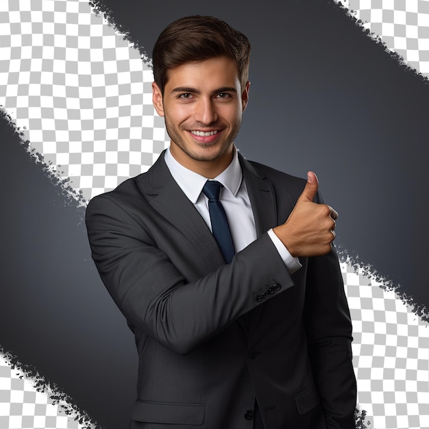 a man in a suit giving a thumbs up sign.