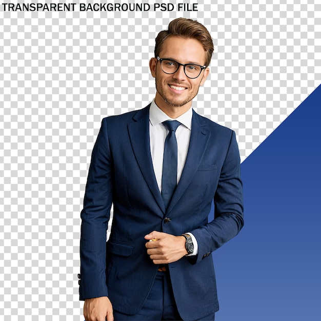 PSD a man in a suit and glasses is standing in front of a blue background