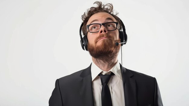 PSD man in a suit and headset looks up thoughtfully while using a computer in a professional office setting