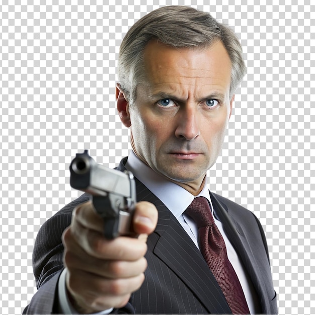 A man in a suit holding a gun on transparent background