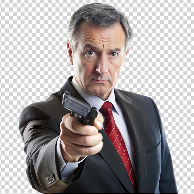 A man in a suit holding a gun on transparent background