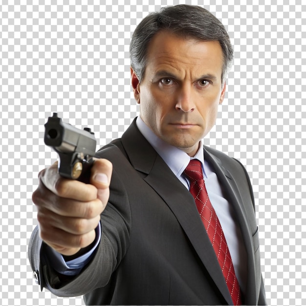 A man in a suit holding a gun on transparent background