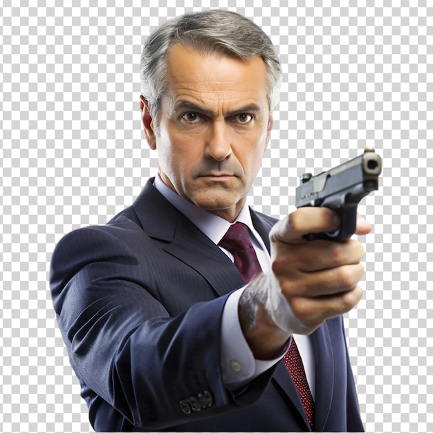 A man in a suit holding a gun on transparent background