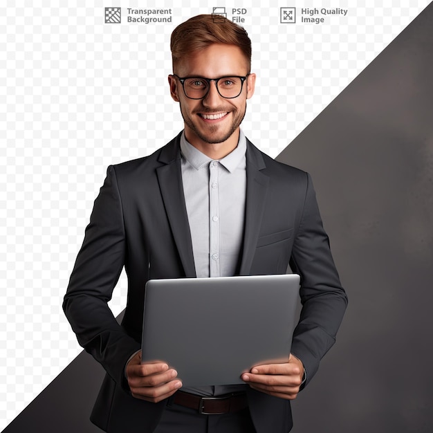 a man in a suit holds a laptop in front of a picture of a man.