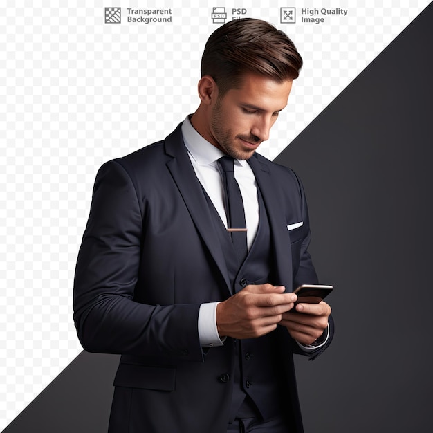 a man in a suit is looking at a phone