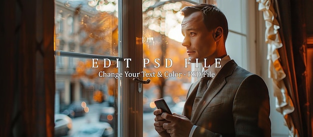 Man in Suit Looking Out Window with Phone