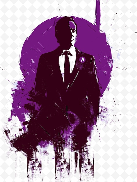 a man in a suit and a purple background with a round button on the front