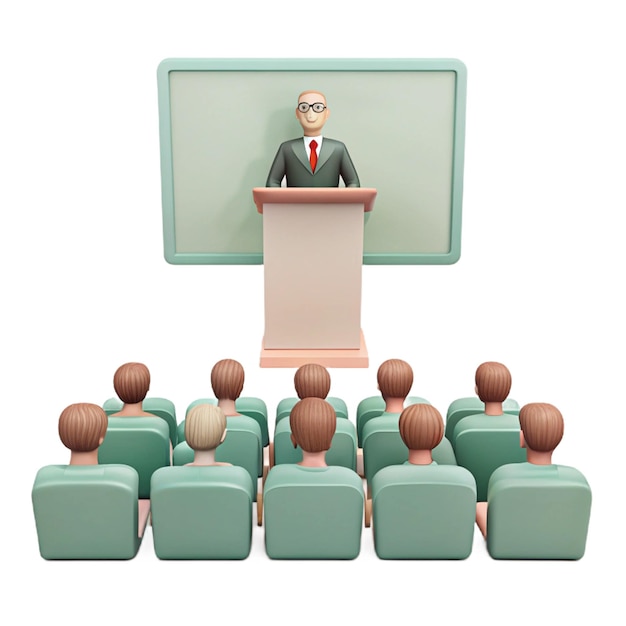 a man in a suit stands in front of a podium that says quot he is giving a presentation quot