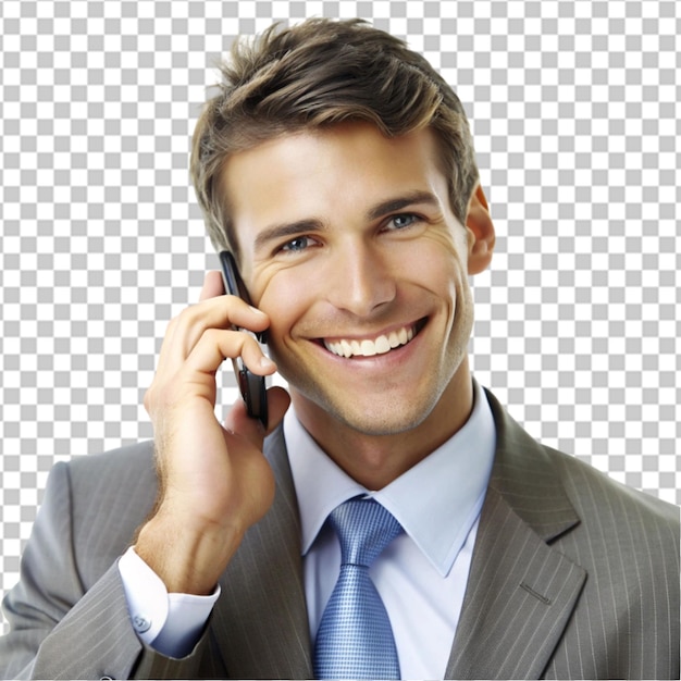 A man in suit talking on phone isolated on transparent background PSD file