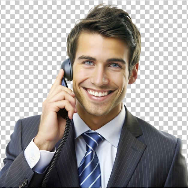 A man in suit talking on phone isolated on transparent background PSD file