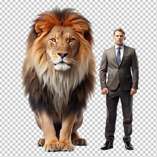 A man in a suit and tie stands next to a lion