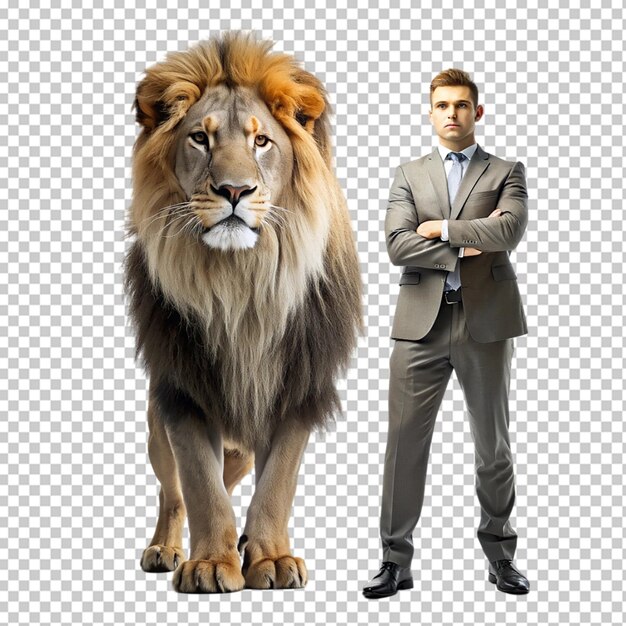 A man in a suit and tie stands next to a lion