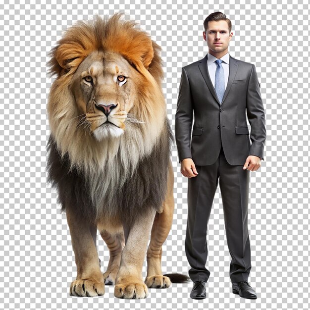 PSD a man in a suit and tie stands next to a lion