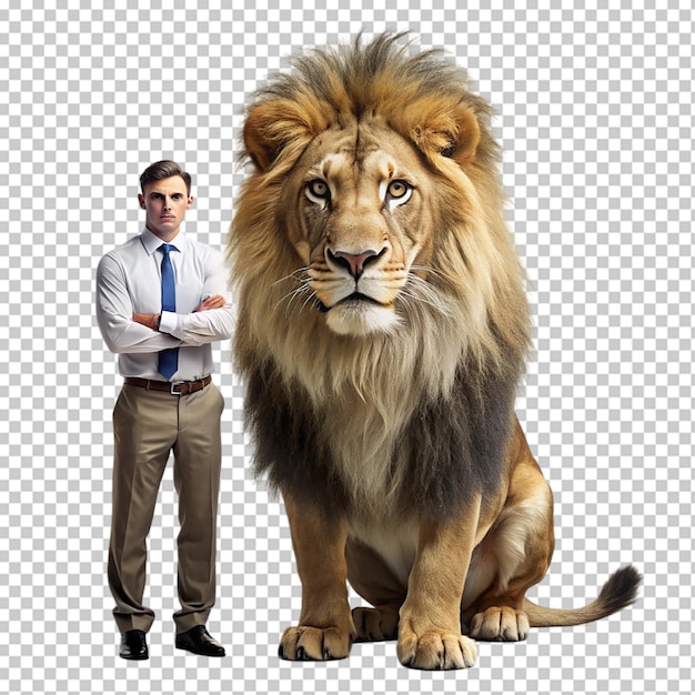 A man in a suit and tie stands next to a lion