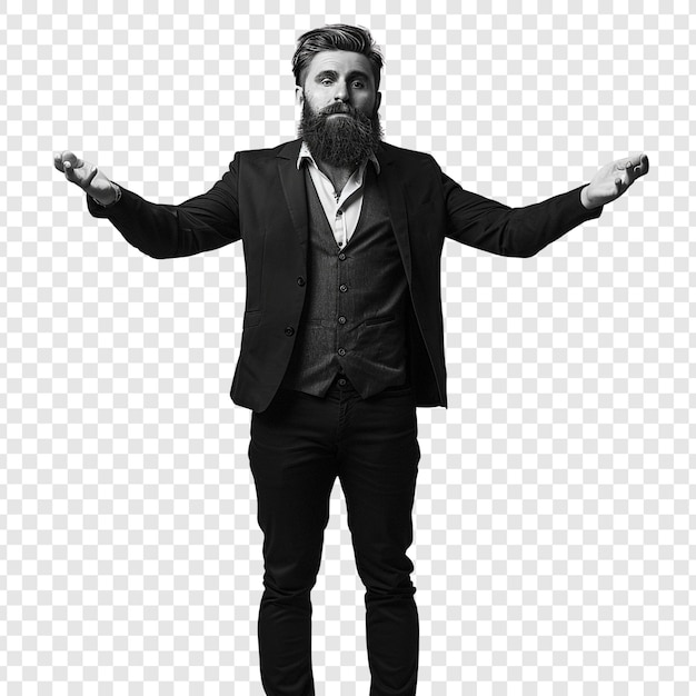 PSD man in a suit with a beard standing with his arms out