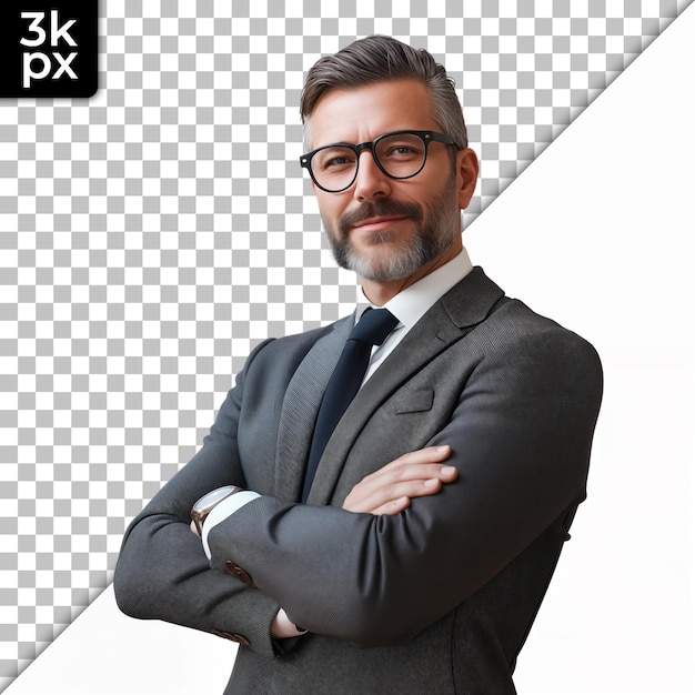 PSD a man in a suit with a black tie and glasses standing in front of a white background