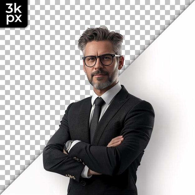 PSD a man in a suit with a black tie and glasses standing in front of a white background