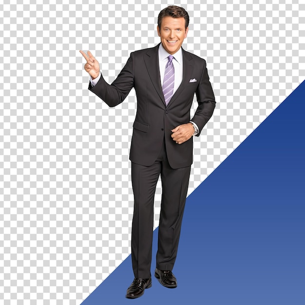 a man in a suit with a blue background and a white logo