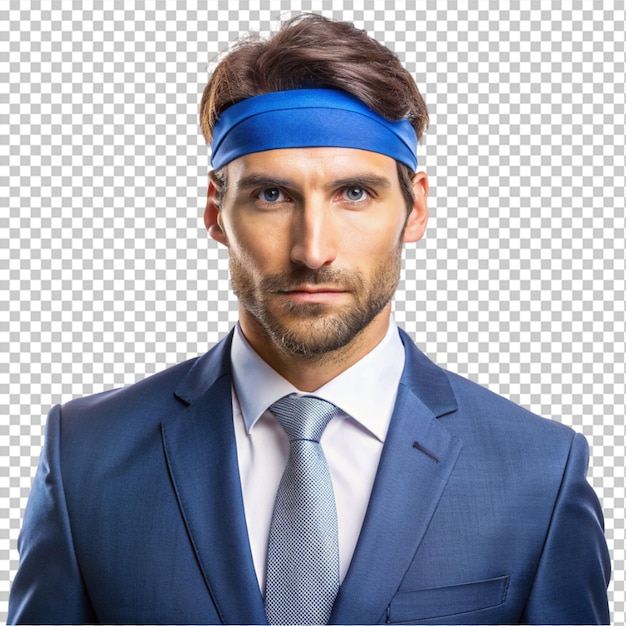 PSD a man in a suit with a blue headband on his head on transparent background