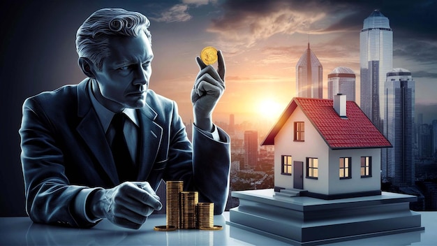 a man in a suit with a gold coin in his hand is standing in front of a house with a house in the background