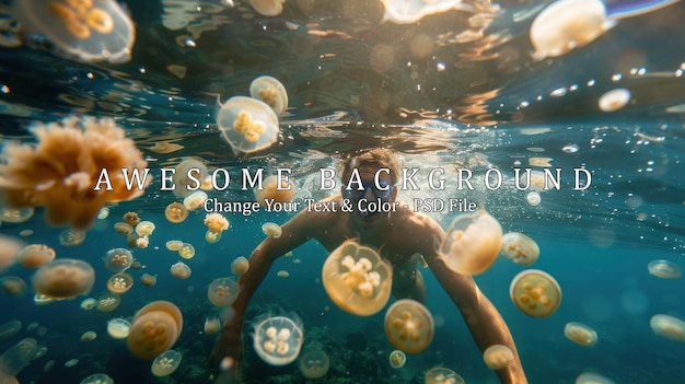 PSD man swimming with jellyfish