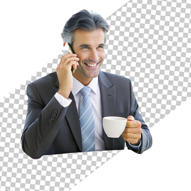 PSD a man talking on a phone and holding a mug of coffee