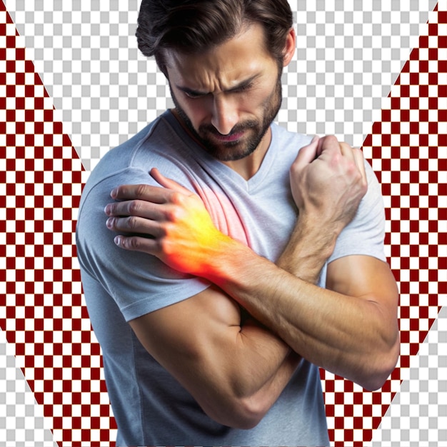 PSD a man touching his arm arm pain concept on transparent background