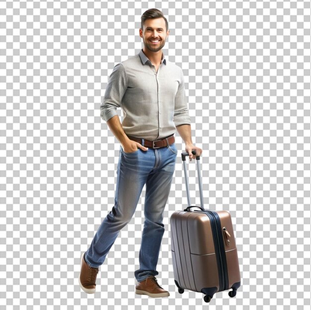 Man traveler with suitcase on transparent background