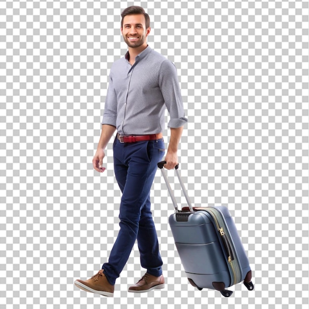 PSD man traveler with suitcase on transparent background