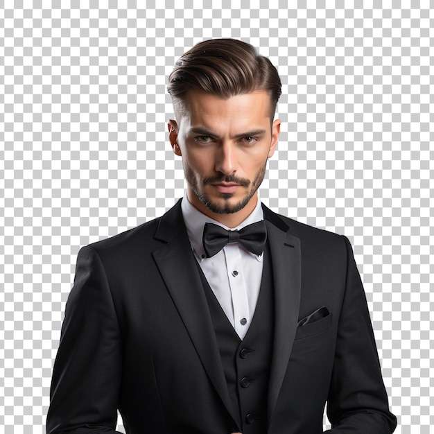 a man in a tuxedo poses for a photo