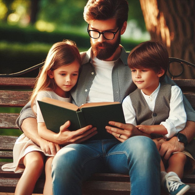 PSD a man and two children are reading a book with a man reading a book