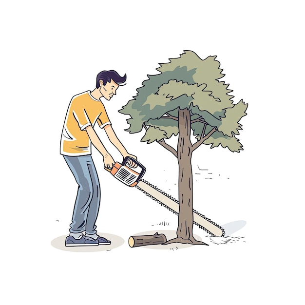 PSD a man uses a chainsaw to cut a tree cartoon illustration