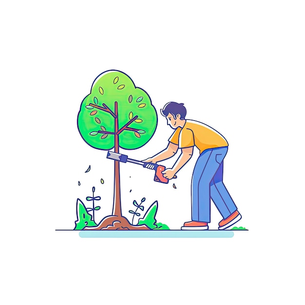 A Man Uses A Tool To Cut A Tree Demonstrate Cartoon Illustration