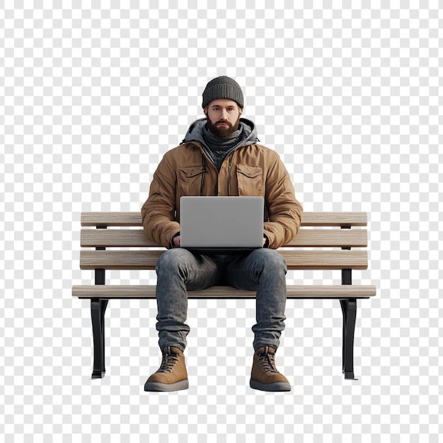 PSD man using laptop on a bench