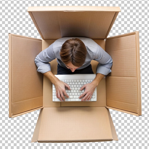 PSD man using laptop by boxes at home