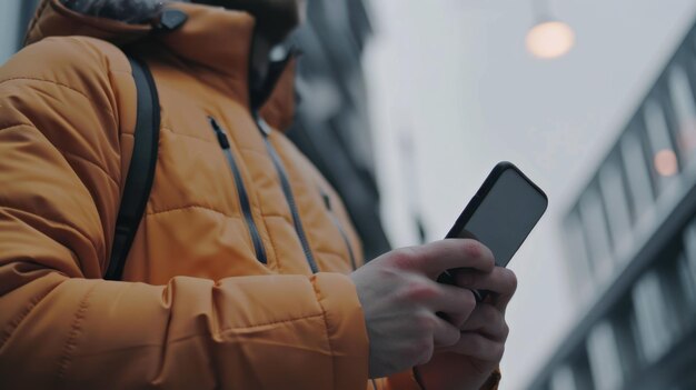 PSD man using smartphone in city