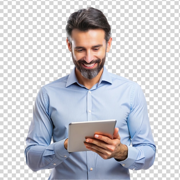 Man using a tablet to work and connect with other on transparent background