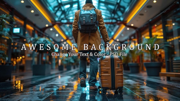 PSD man walking with luggage in a modern shopping mall