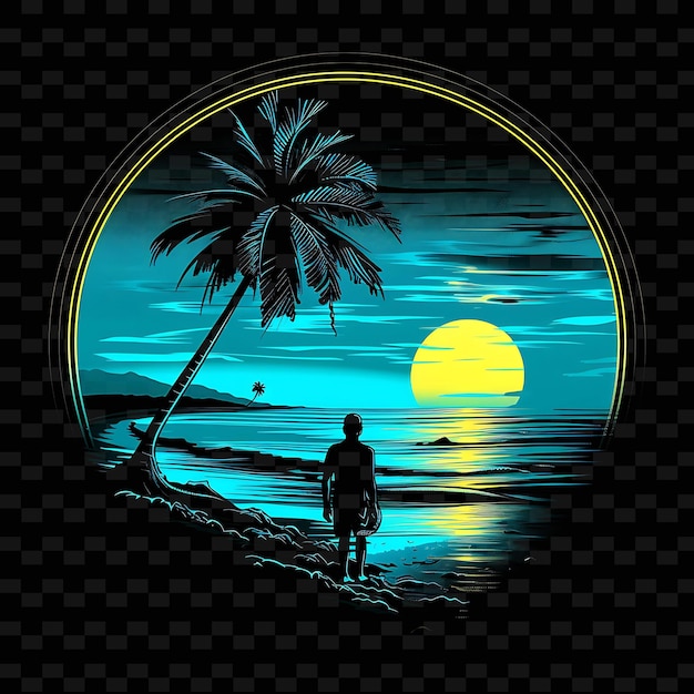 PSD a man walks along the beach in front of a palm tree